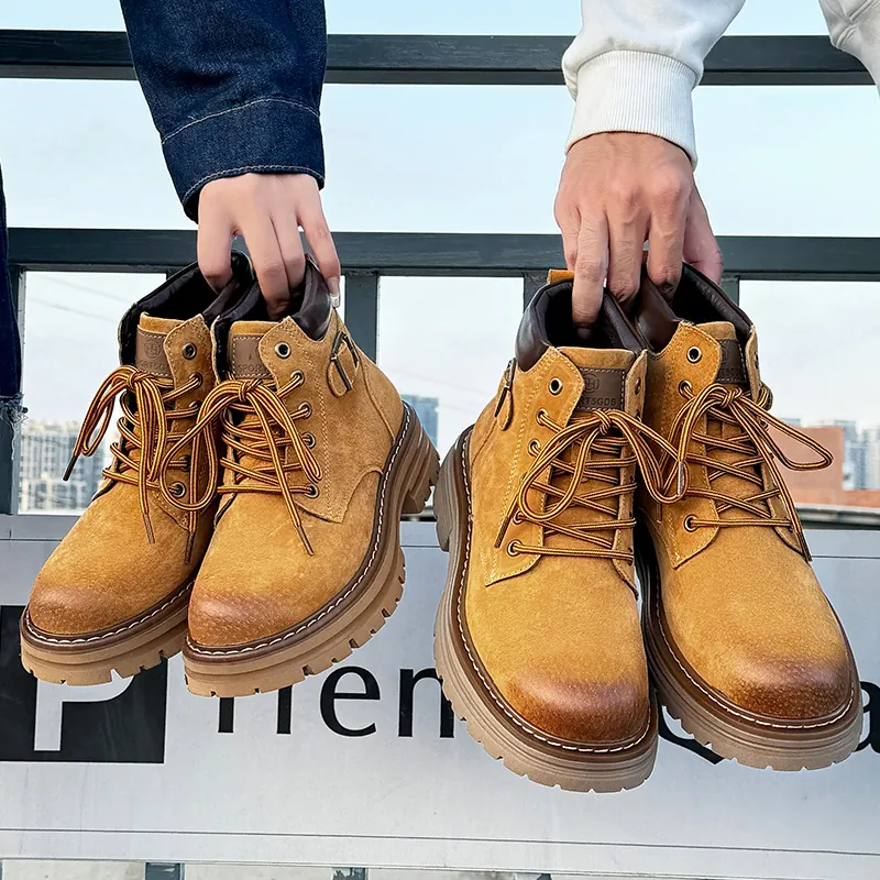 Bottes Martin en Cuir de Porc pour Couples Randonnée Extérieure Imperméable Semelle Épaisse Bottes de Travail Rétro Britannique