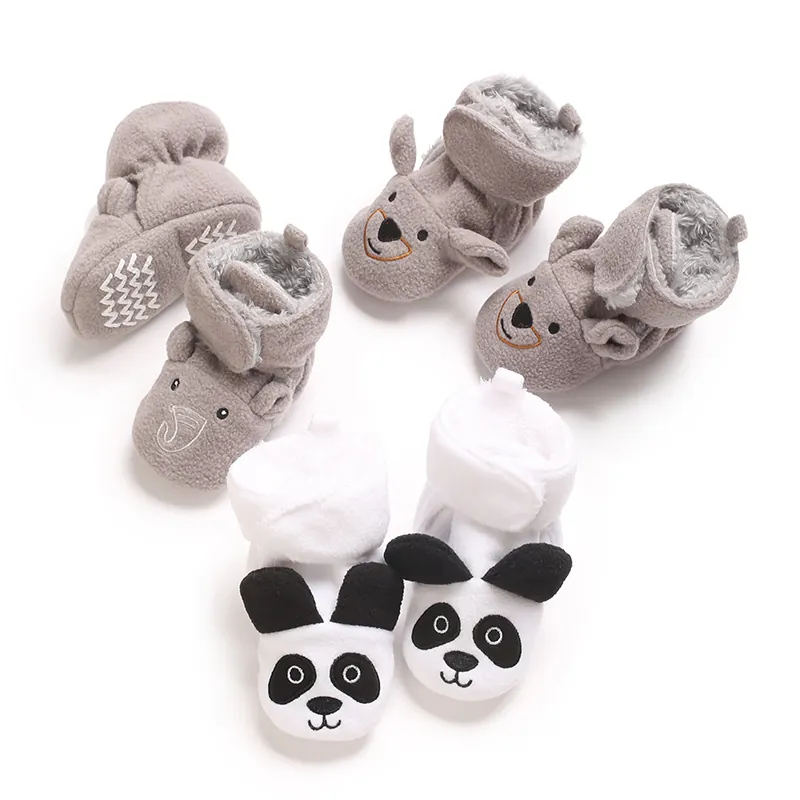 Chaussures de Premier Pas Chaudes d'Hiver pour Bébé Dessin Animé Animal Panda Ours Éléphant Bottes en Polaire Semelle Souple