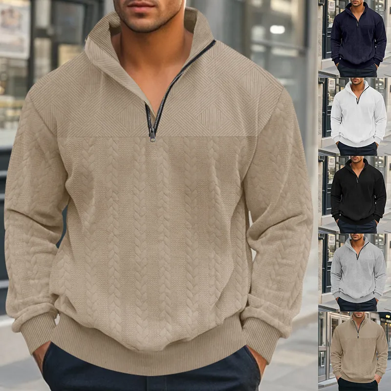 Amerikaans Retro Heren Zwaargewicht Jacquard Sweatshirt Opstaande Kraag Kwart Rits Splitsen Lange Mouw Top Los