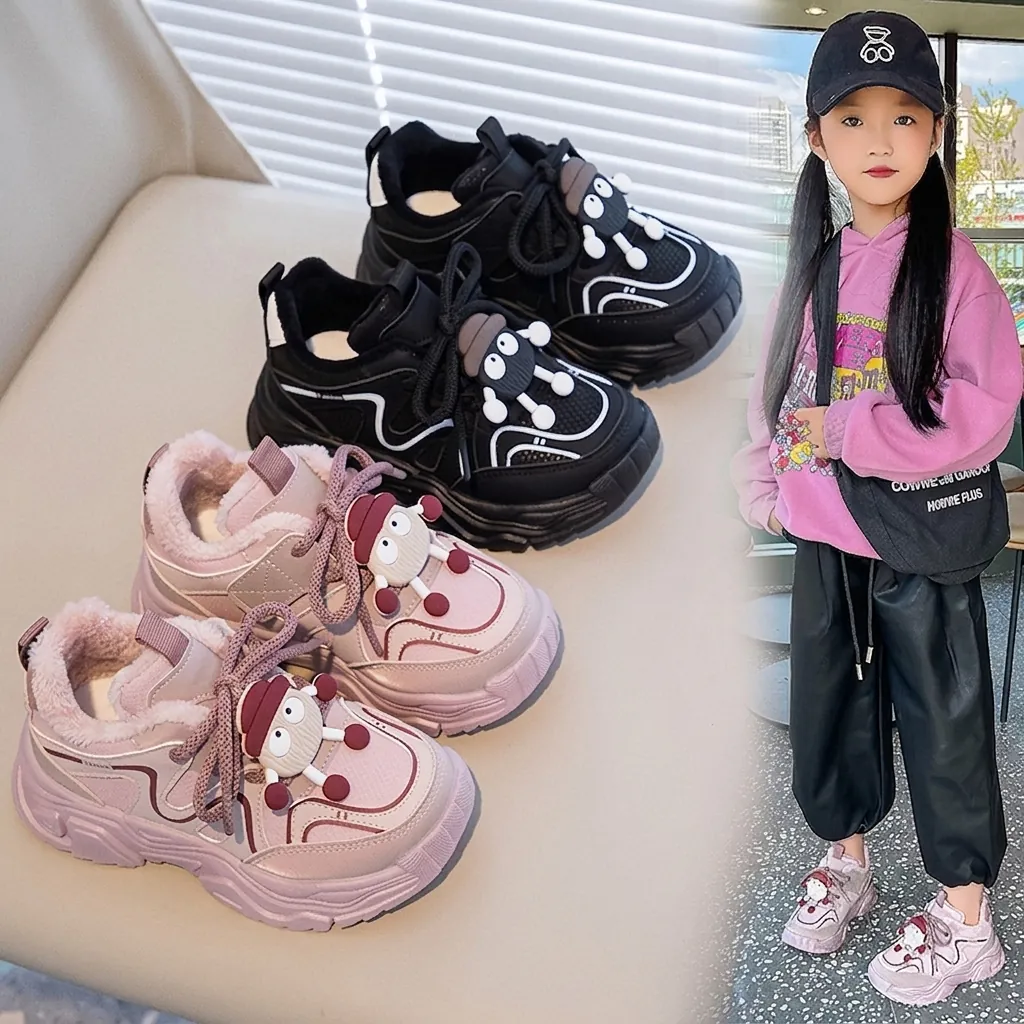 Winter Kids Sneakers Fleece Lined Warm Running Shoes Cartoon Character Thick Sole Non-Slip Casual Student Cotton Shoes For Girls Boys