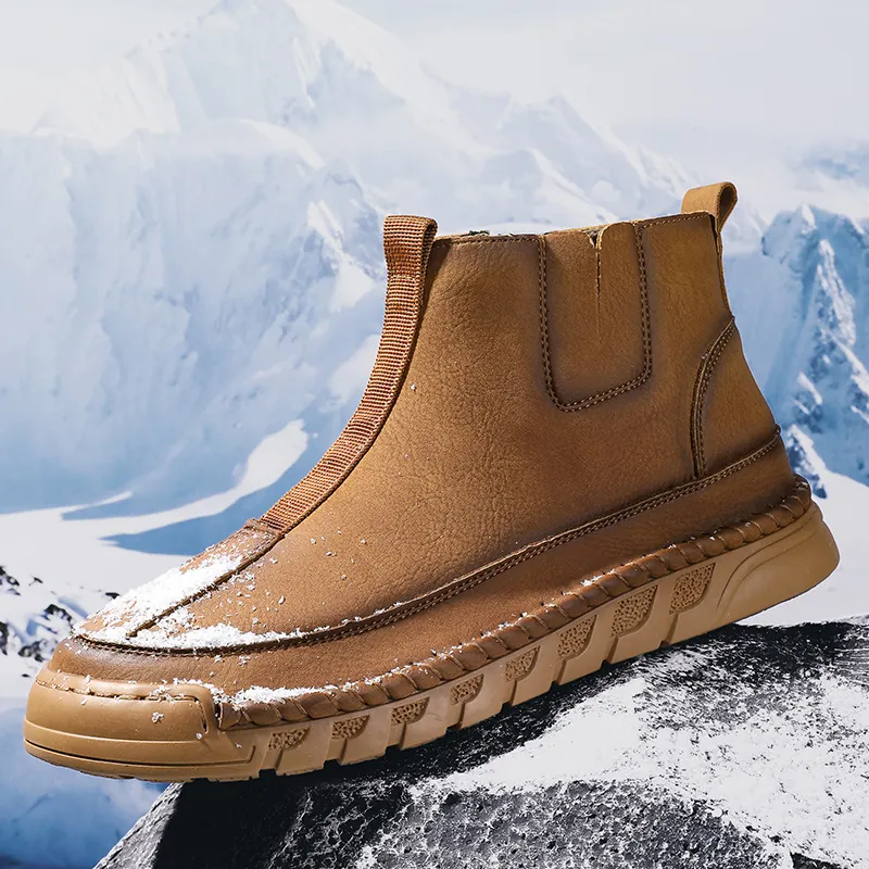 Bottes Martin d'Hiver pour Hommes en Cuir Antidérapantes Chaudes Doublées Peluche Bottes de Travail Décontractées à Enfiler Mode