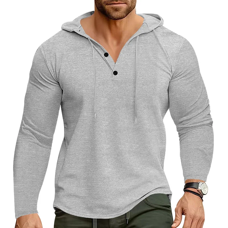 Haut Henley à Capuche Décontracté pour Hommes Tricot Gauffré Manches Longues Coupe Ajustée Polyester Élasthanne Automne Hiver