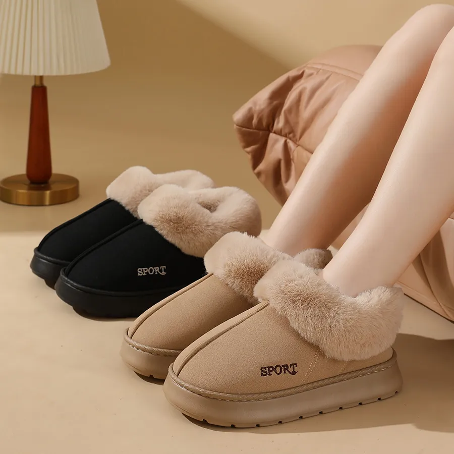 Chaussures en Coton d'Hiver pour Femmes Maison Doublure en Fourrure Artificielle Semelle Épaisse Antidérapante en Suède Chaussons