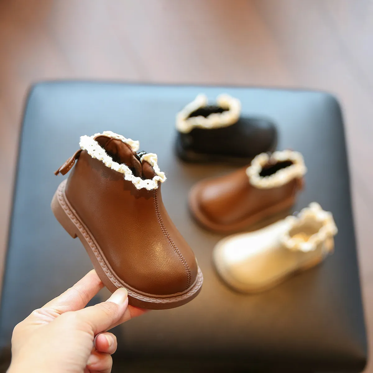 Botas de Princesa para Bebés Niñas Borde de Encaje Cremallera Lateral Cuero de Microfibra Suela Suave Antideslizante Zapatos