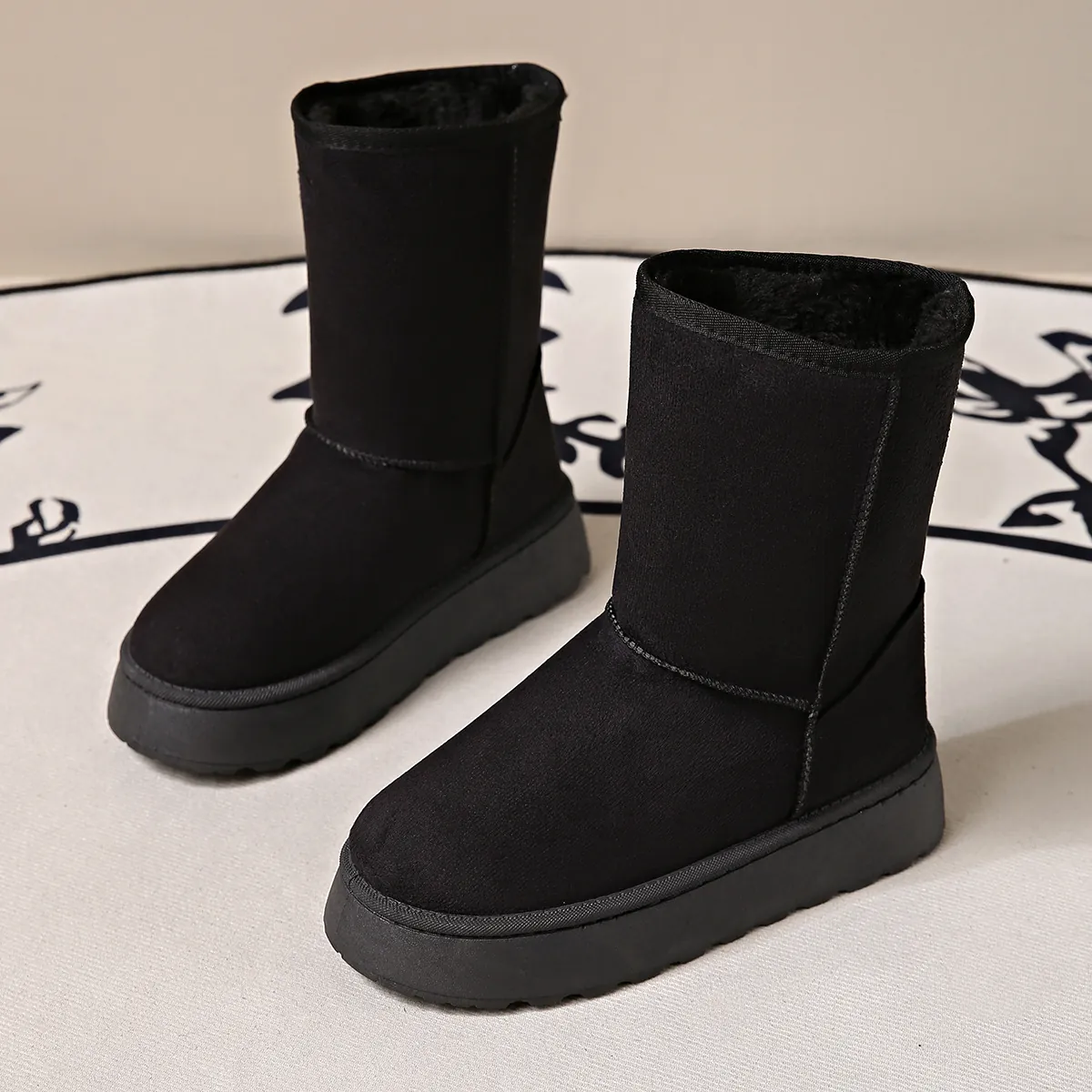 Damen Halblang Schneestiefel Winter Dicke Sohle Runde Zehe Fleece Gefüttert Warm PU Leder Gummisohle Rutschfeste Stiefel