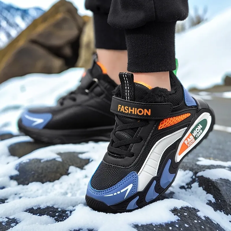 Chaussures de Course d'Hiver pour Garçons Enfants Chaud Doublé de Polaire Baskets Antidérapantes en Cuir Synthétique Imperméables Sport