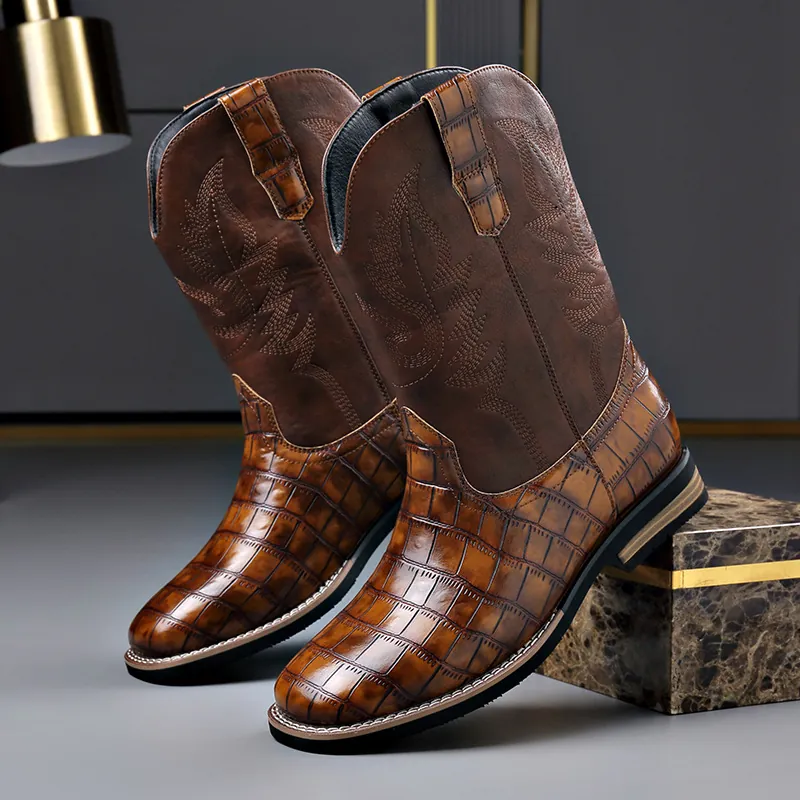Stivali da Cowboy Western Retrò da Uomo Goffrati Coccodrillo Patchwork in Pelle Metà Polpaccio Con Ricamo Moda Cerniera Laterale Stivali da Moto Knight