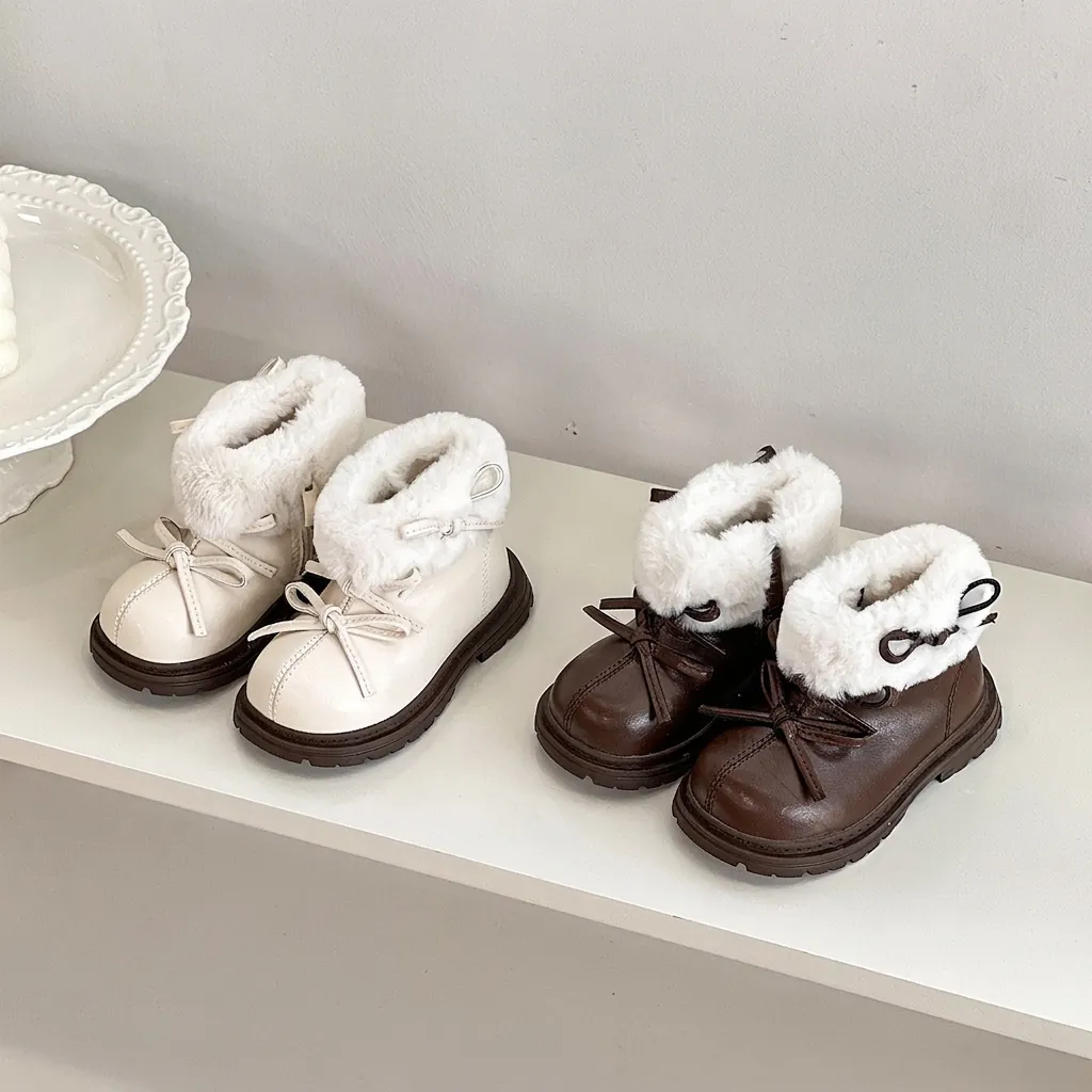 Botines de Invierno de Cuero Artificial para Niñas Con Lazo Ribete de Piel Sintética Botas Martin de Princesa para Niños Pequeños Beige Marrón