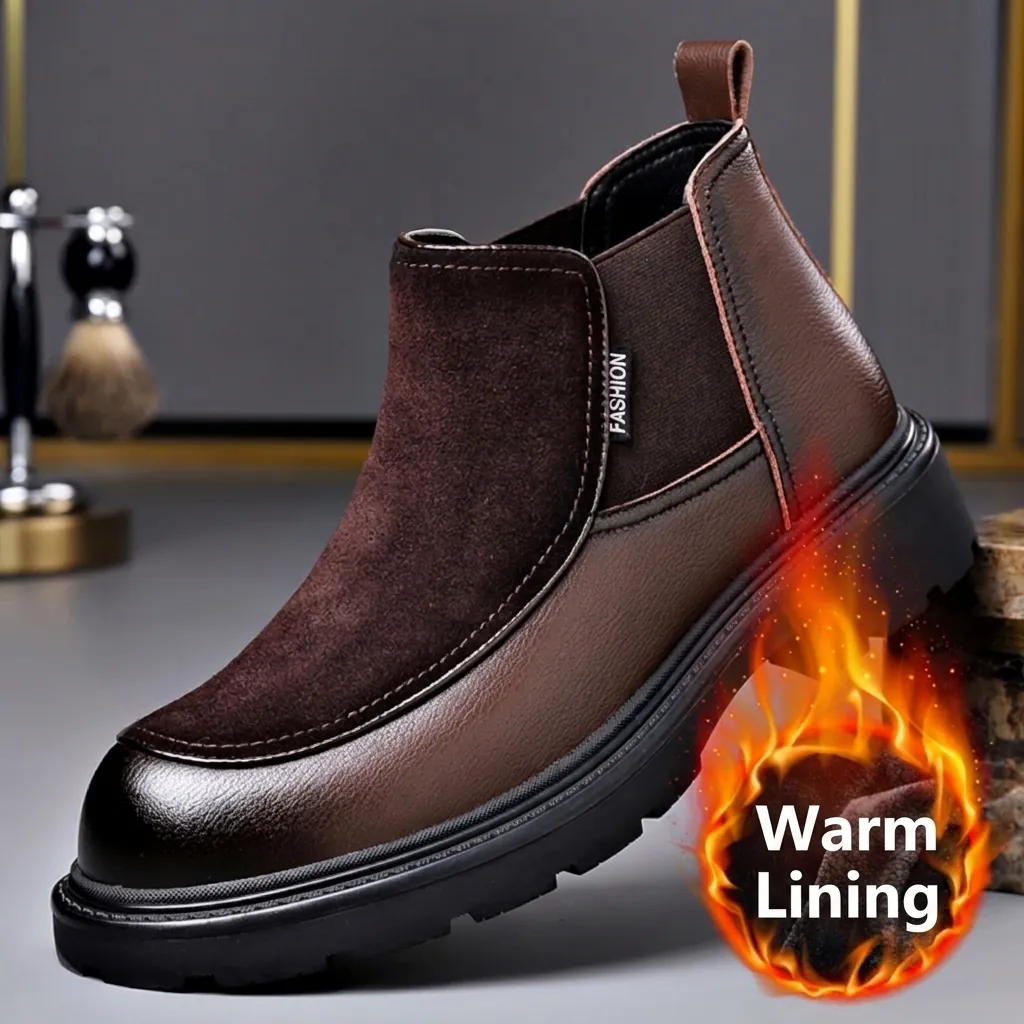 Herren Chelsea Boots Britischer Stil Plateau Wildleder Patchwork Martin Stiefel Herbst Winter Warm Fleece Gefüttert Slipper