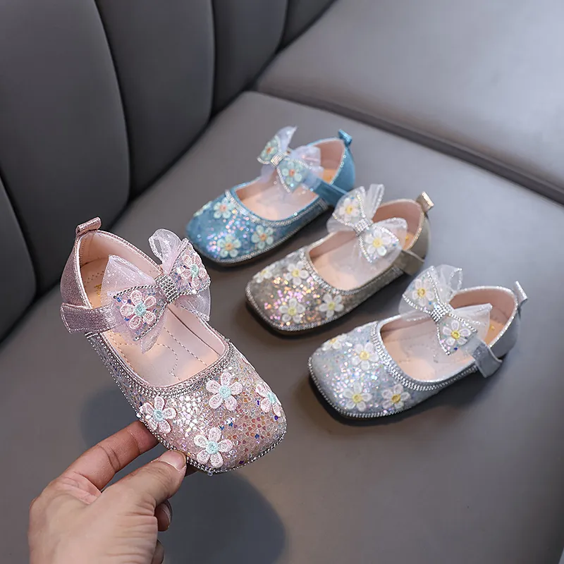 Chaussures Mary Jane Princesse pour Filles Paillettes Strass Nœud Floral Chaussures Plates pour Danse Fête Mariage Enfants