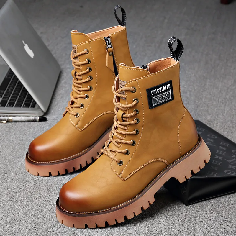 Stivali da Lavoro Invernali da Uomo in Crosta di Cuoio Martin Boots con Cerniera Laterale Suola Spessa Antiscivolo Giallo Grigio