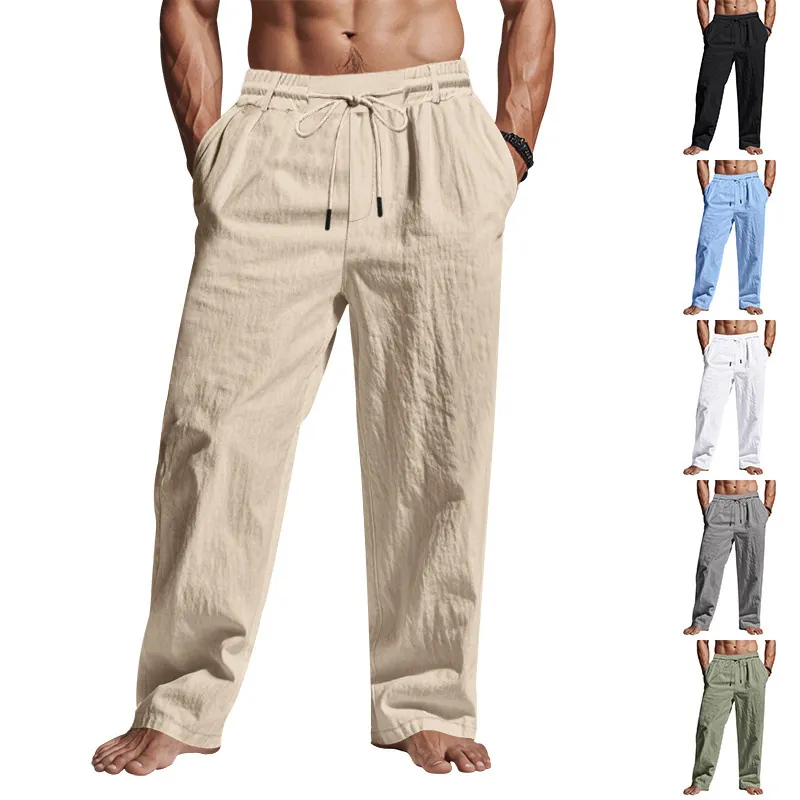 Pantaloni da Uomo Casual in Lino e Cotone Stile Americano Minimalista Tinta Unita Gamba Dritta Con Coulisse Moda Autunnale