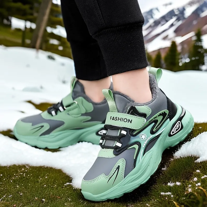 Baskets de Course d'Hiver pour Garçons Doublées en Polaire Antidérapantes Chaussures Dad en Cuir Synthétique Sport Enfants Décontractées