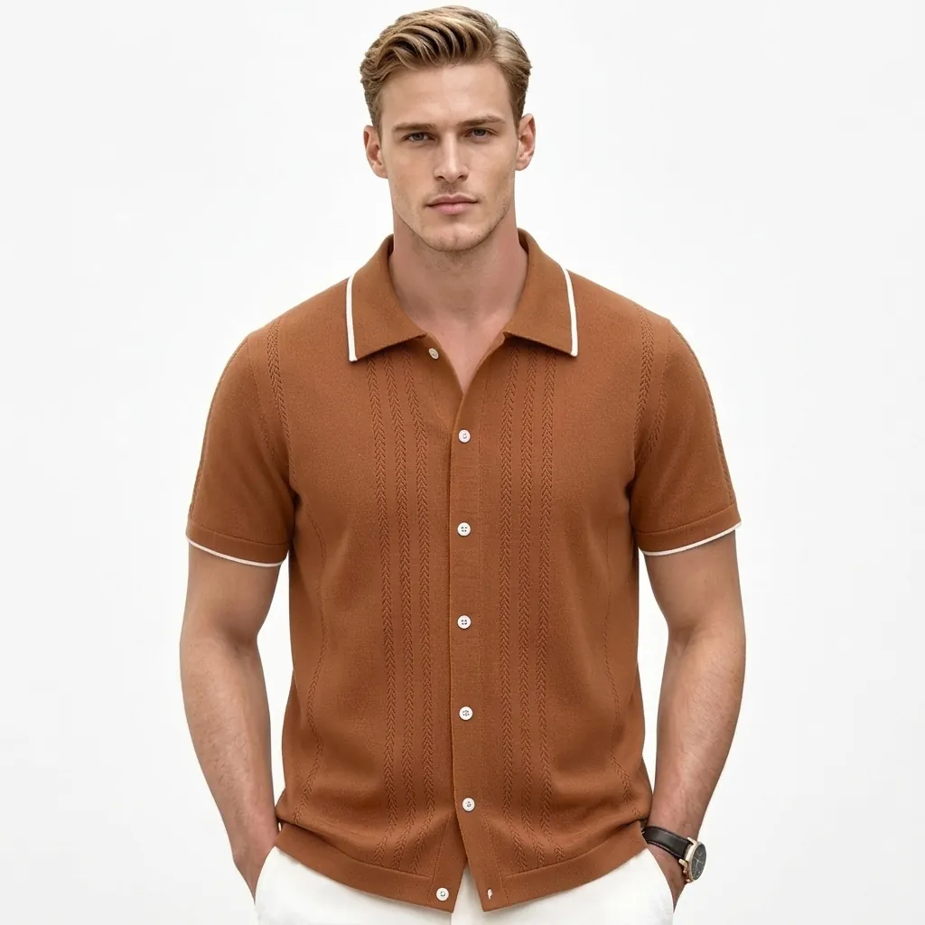 Men Business Casual Viscose Knitted Polo Shirt Short Sleeve Button Down Cardigan Top Summer Solid Color Classic Fashion Knitwear