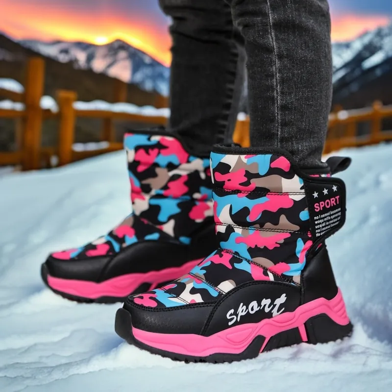 Kids Camouflage Snow Boots Winter Warm Fleece Lined Waterproof Outdoor Non-slip Hook and Loop Boots For Boys and Girls
