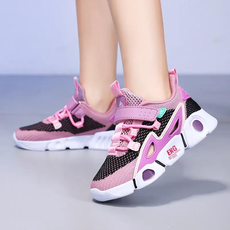 Girls Hollow Out Breathable Sneakers Summer Mesh Lightweight Kids Running Shoes With Hook-And-Loop Fastener Pink Purple Sneakers