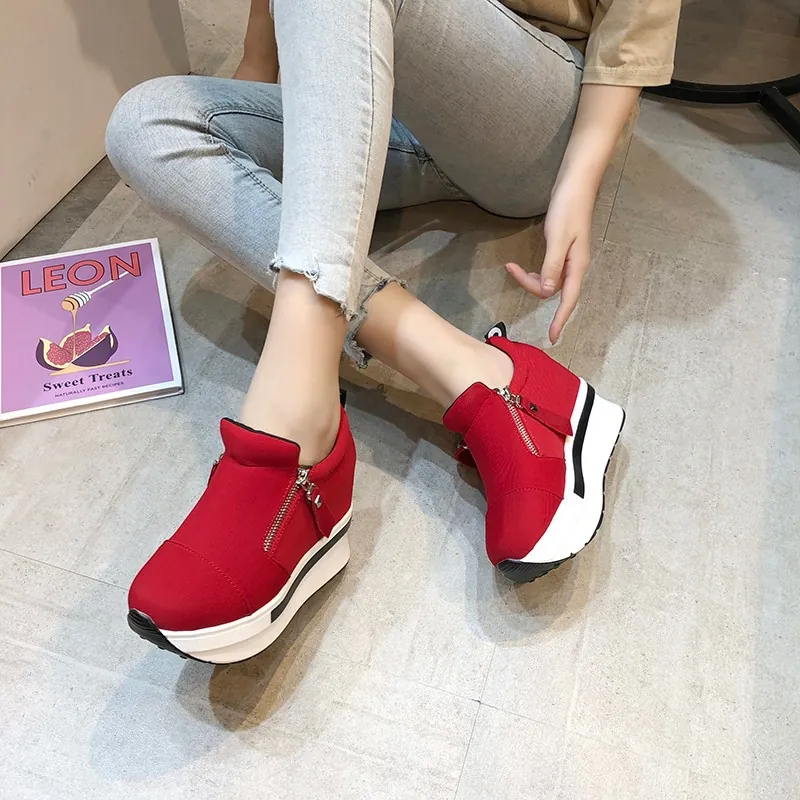 Women Fashion Casual Platform Canvas Shoes Round Toe Side Zipper Wedge Sneakers Height Increasing Fashion Walking Shoes