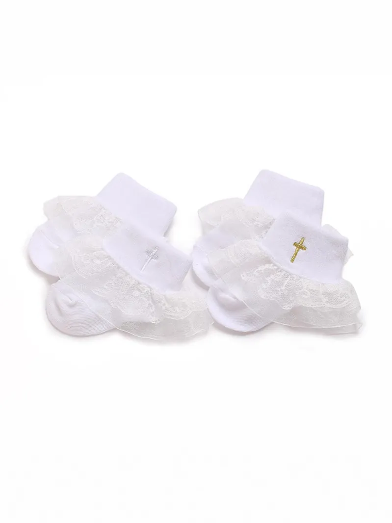 Baby Lace Cross Socks 0-1 Year Old Infant Baptism Christening Cotton Socks White Gold Silver Embroidery Princess Mesh Socks