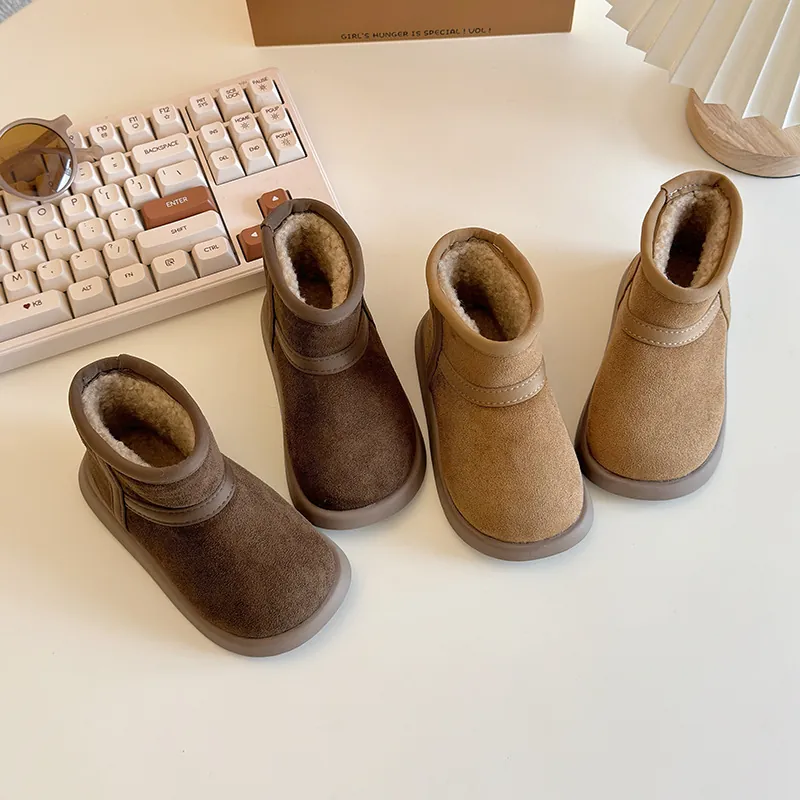 Kids Snow Boots Cow Suede Fleece Lined Winter Boots For Toddler Girls Boys Warm Non-slip Outdoor Short Boots