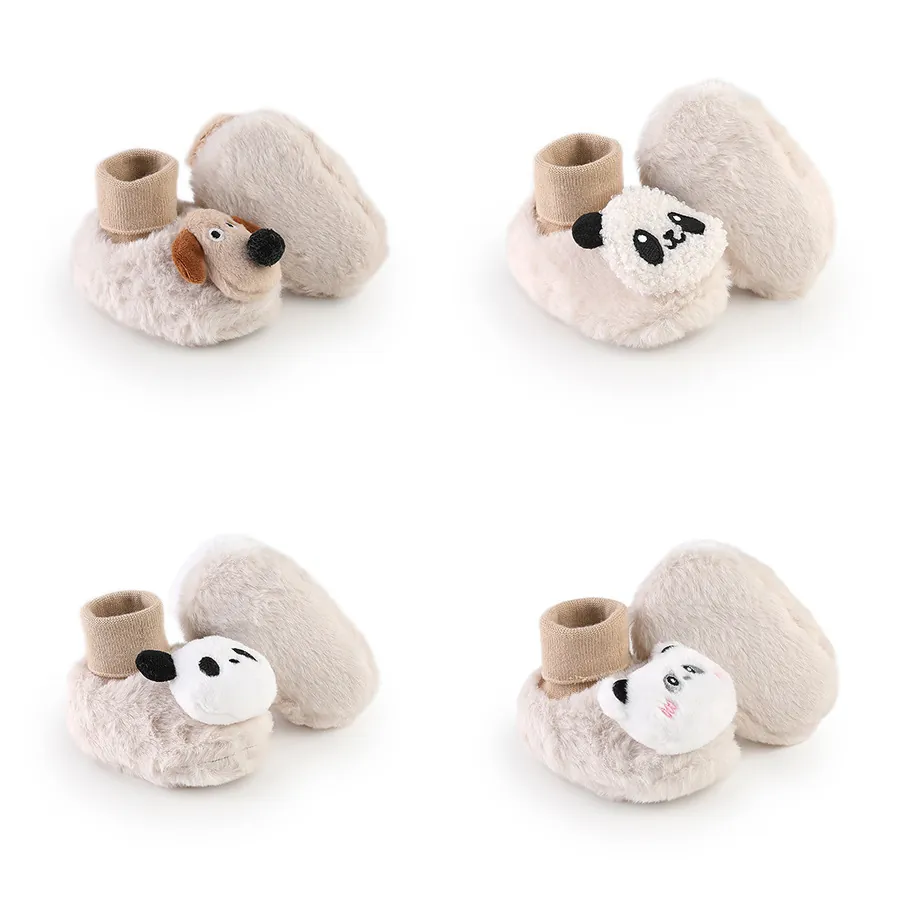 Baby Winter Thickened Fleece Lined Prewalker Shoes Cartoon Animal Puppy Panda Soft Sole Infant Floor Sock Shoes For 0-1 Years