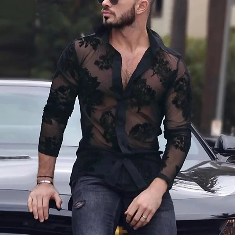 Herren Sexy Durchsichtiges Spitzenhemd Langarm Mesh Transparentes Top Blumen Stickerei Button Down Party Clubwear Revers Hemd Top
