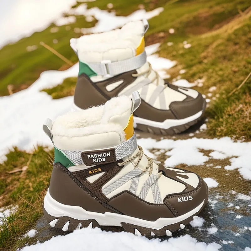 Kids Winter Snow Boots For Boys Warm Fleece Lined Outdoor Hiking Boots Anti-Slip Waterproof Fashion Sneakers High Top Cotton Shoes