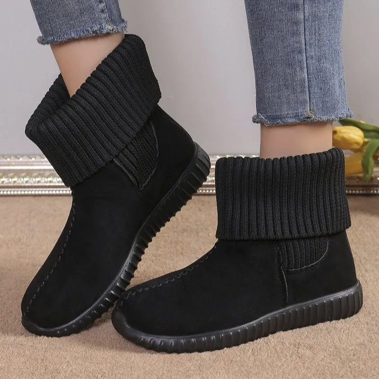 Women's Winter Snow Boots Warm Knit Cuff Flat Round Toe Short Boots PU Anti-Slip Casual Outdoor Mid-Calf Boots Plus Size