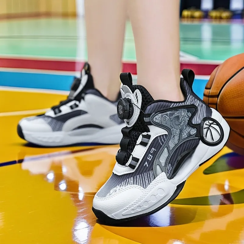 Chaussures de Basket pour Garçons Baskets Athlétiques Professionnelles pour Enfants Avec Maille Respirante Boucle Rotative Chaussures de Sport Extérieures Antidérapantes
