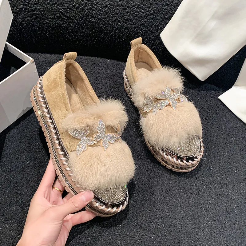 Damen Strass Schmetterling Loafers Dicke Sohle Kunstpelz Wildleder Slipper Flache Schuhe Lässig Warm Herbst Winter Walking Loafers
