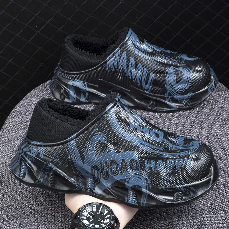 Men Outdoor Warm Waterproof Cotton Slippers Graffiti Alphabet Print Fleece Lined Clogs Thick Sole Winter Home Casual Shoes