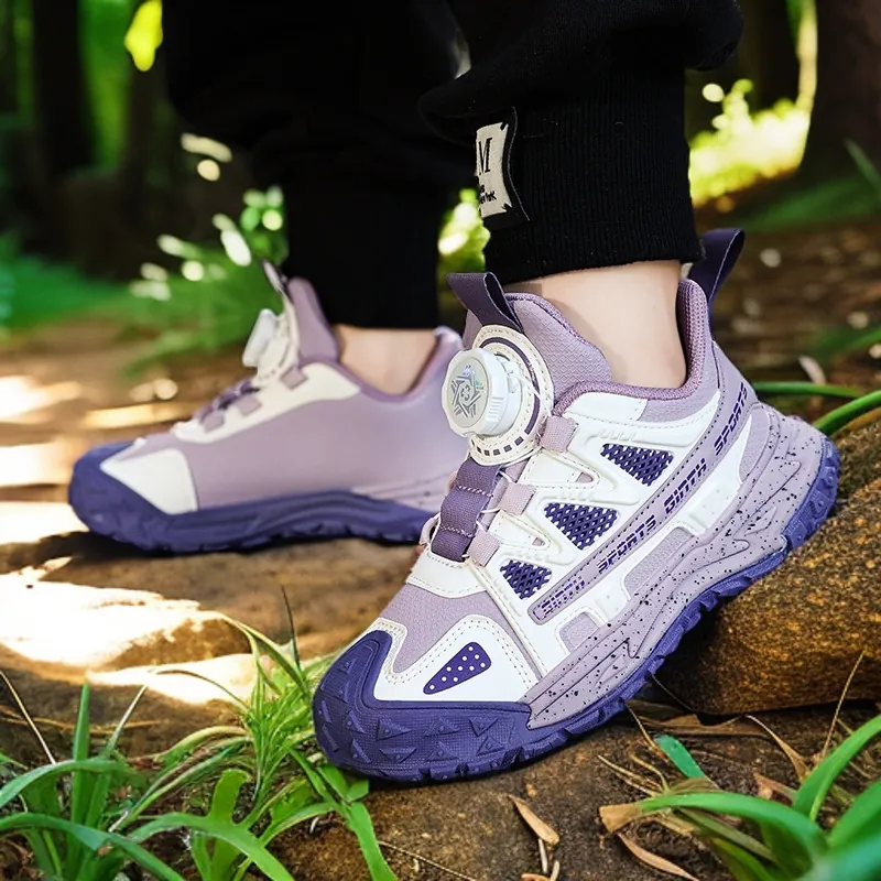 Kids Outdoor Sports Sneakers With Rotating Buckle Non-Slip Synthetic Leather Wear-Resistant Dad Shoes For Boys And Girls