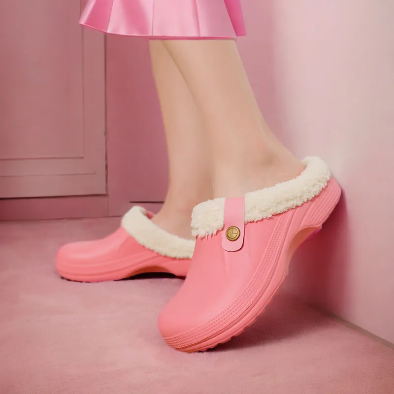 Unisex Winter Warm Kunstpelz Gefüttert Baumwoll Hausschuhe EVA Wasserdicht Clogs Innen Außen Plüsch Mules Schuhe