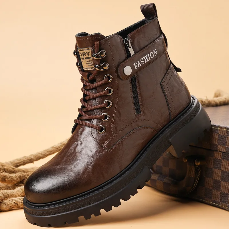 Britischer Stil Herren Martin Boots Plattform Mikrofaser Leder High-Top Work Boots Rutschfest Gummisohle Reißverschluss Winterschuhe