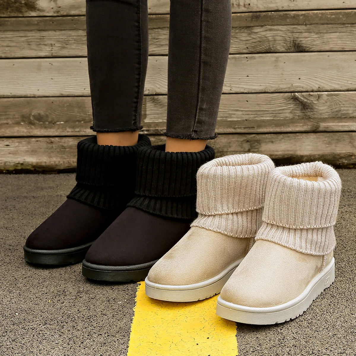 Women's Suede Snow Boots Faux Fur Lined Thick Sole Knit Cuff Warm Mid-Calf Winter Boots Solid Color Daily Footwear