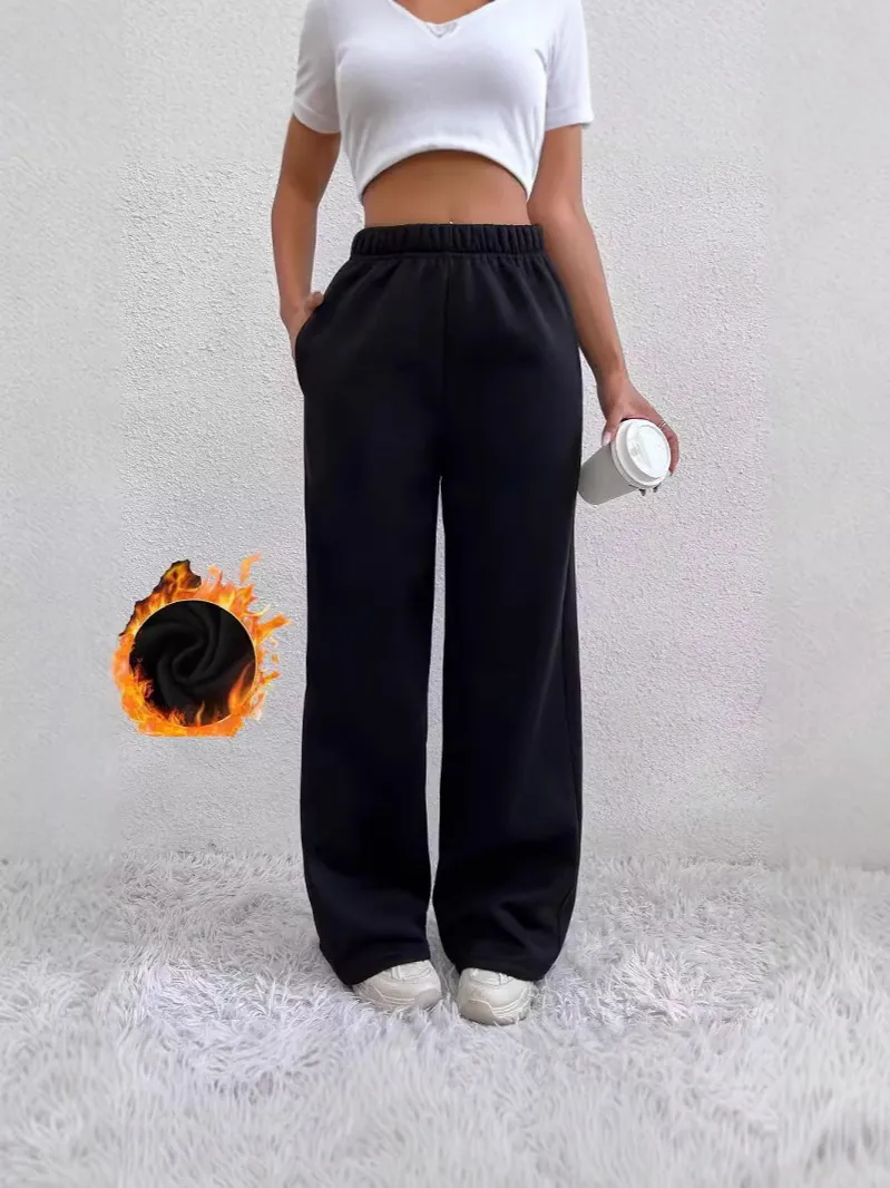 Damen Hohe Taille Fleece Gefütterte Jogginghose Lässige Weite Bein Warme Winterhosen Einfarbige Lose Polyester Elasthan Hose