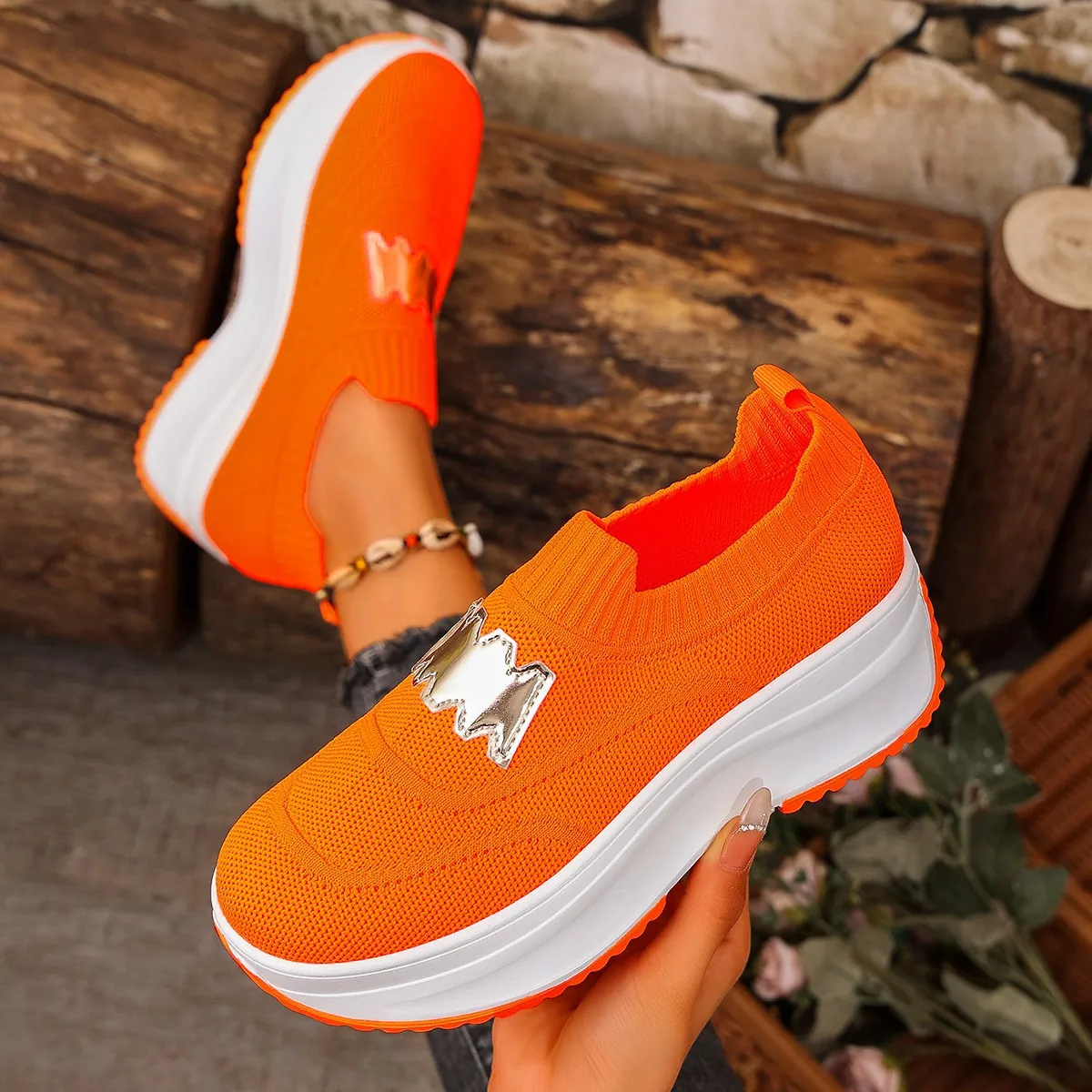 Women's Platform Mesh Sneakers Breathable Thick Sole Casual Walking Shoes With Metal Buckle Solid Color Sports Slip-on Sneakers