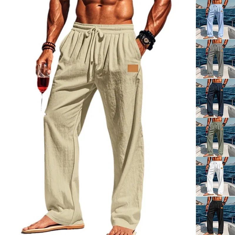 Men's Casual Cotton Linen Drawstring Straight Leg Pants Summer Beach Lightweight Breathable Solid Color Fashion Trousers