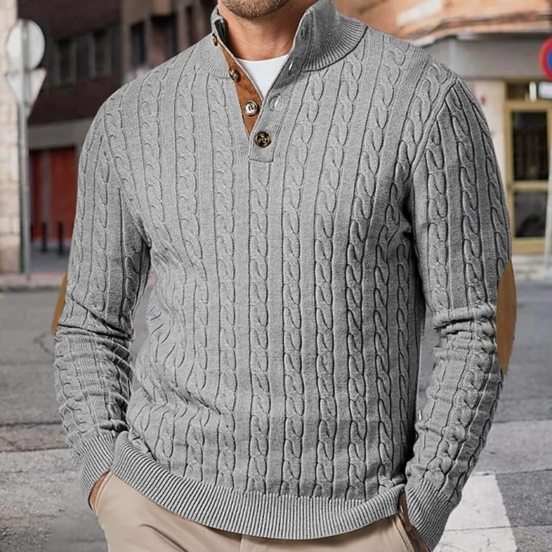 Herren Stehkragen Slim Fit Pullover Zopfmuster Knopfkragen Top Mit Ellbogen-Patches Herbst Winter Warm Herren Strickbekleidung