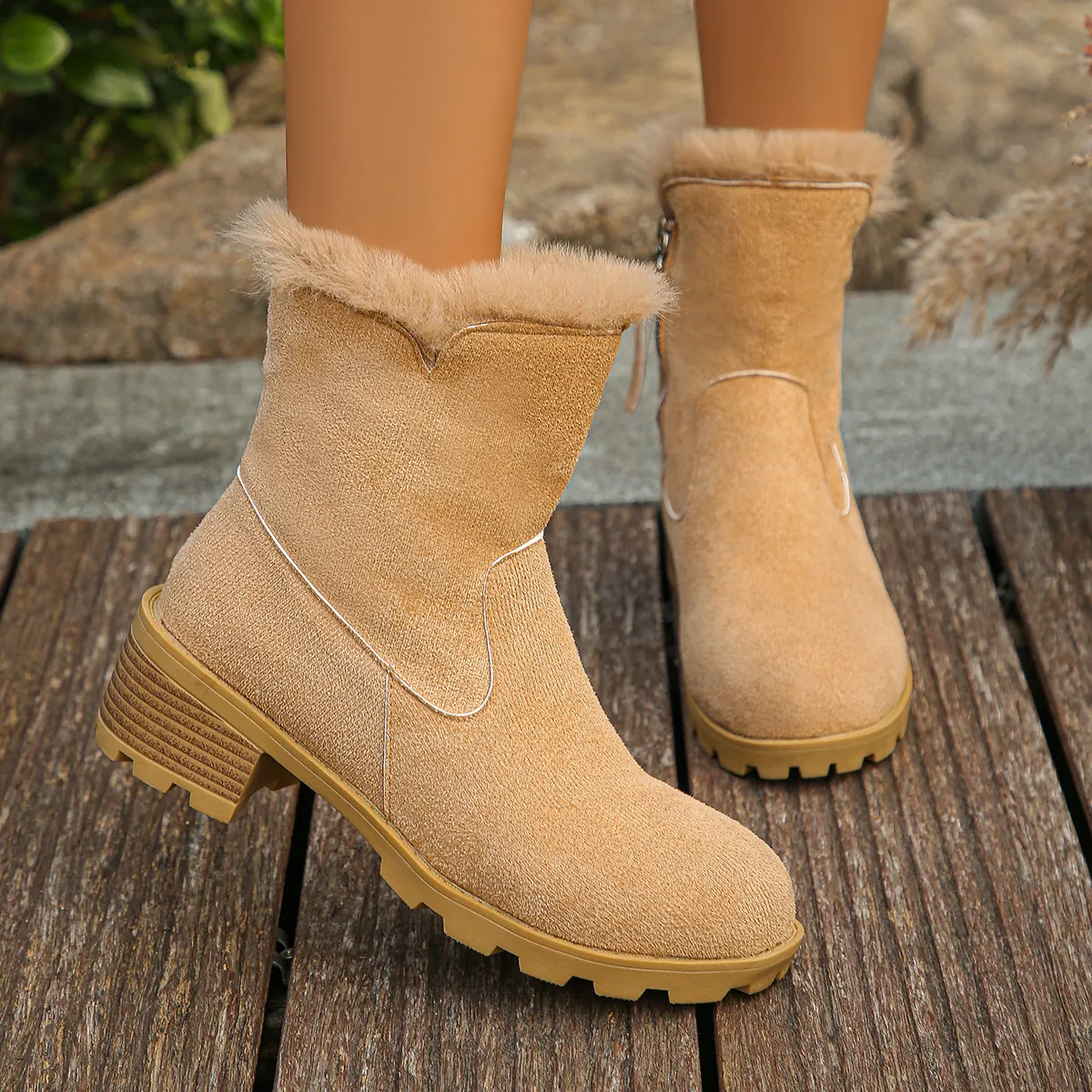 Women Winter Snow Boots Faux Suede Thick Fleece Lined Warm Mid Block Heel Side Zipper Short Boots Plus Size