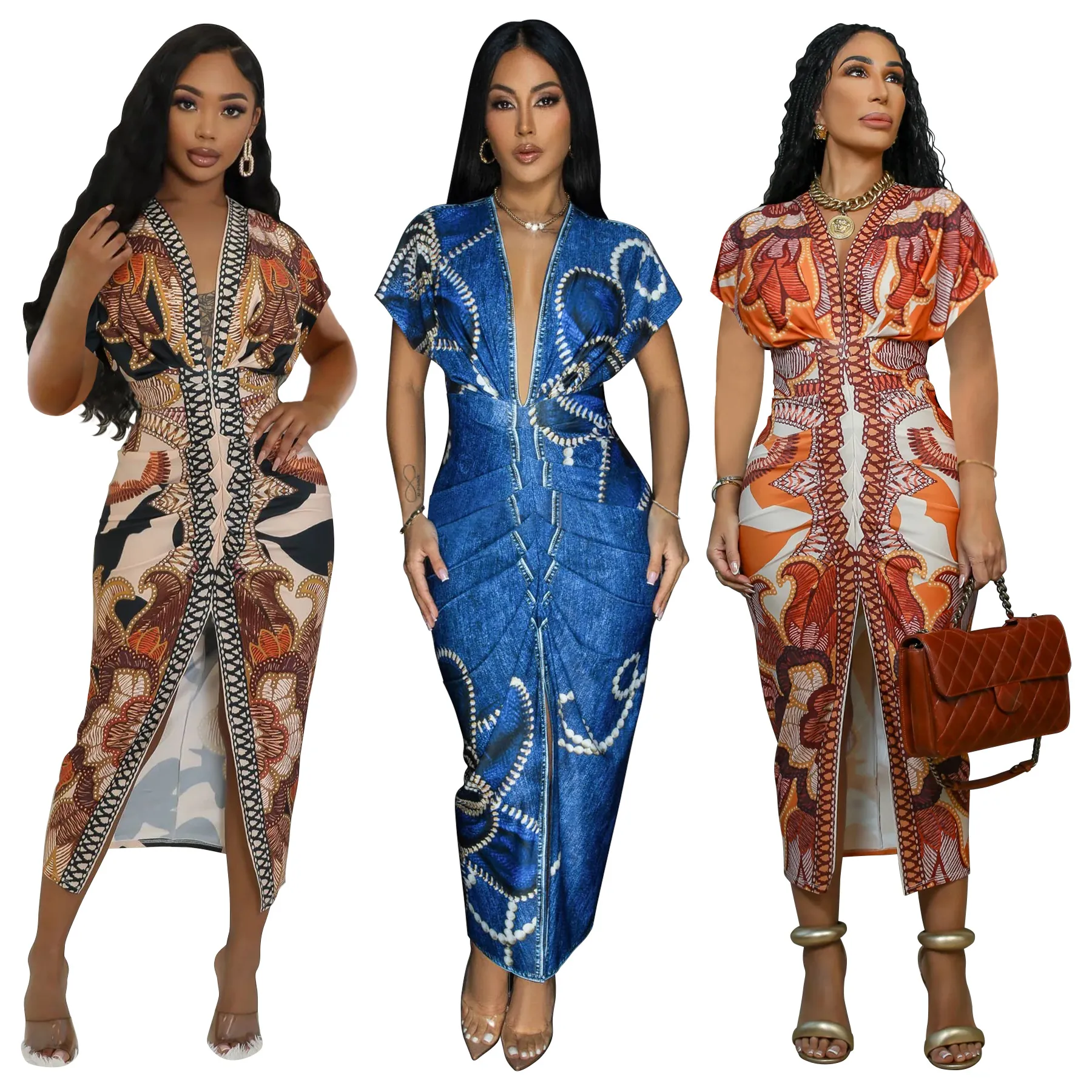 Vestido Largo Ajustado para Mujer Cuello en V Manga Corta Estampado Étnico Africano Abertura Ajuste Delgado Vestido de Fiesta Sexy Poliéster Spandex