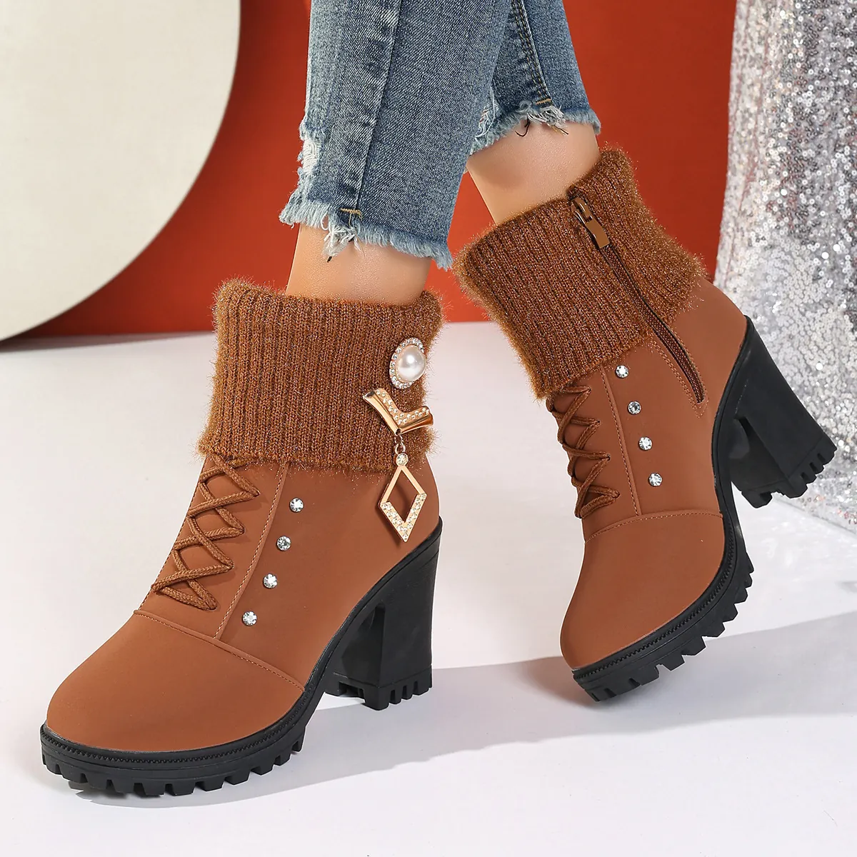 Women's Winter Martin Boots Suede Thickened Velvet Short Boots Fashion Thick High Heel Shoes Wool Knit Cuff Pearl Rhinestone Pendant Warm Booties