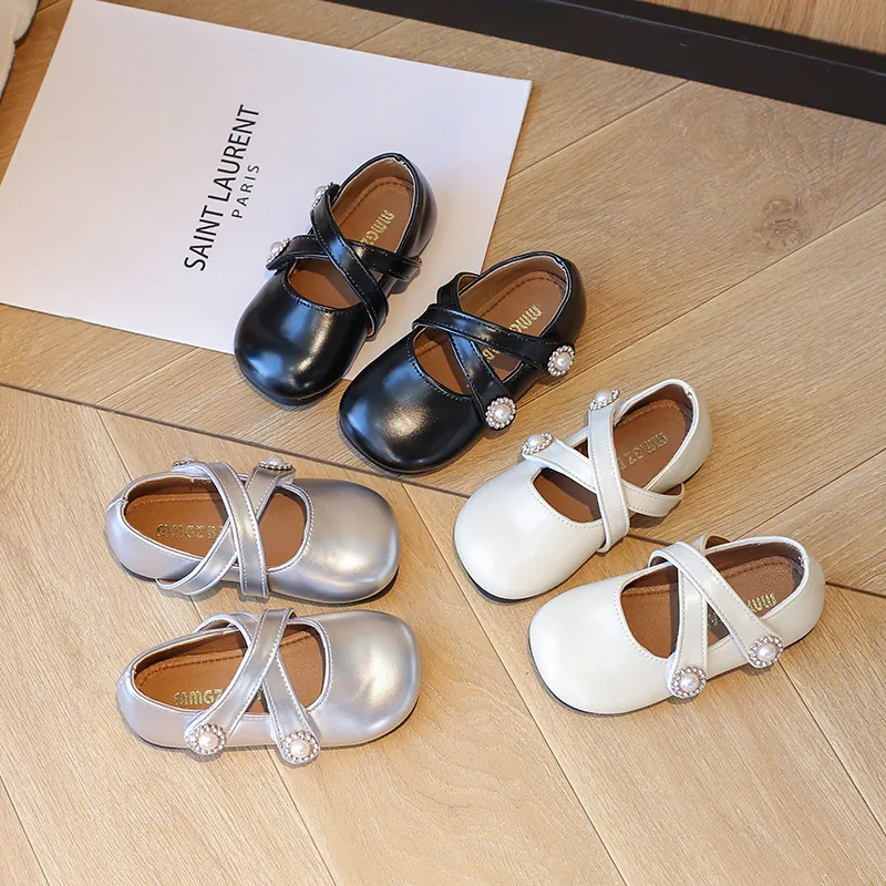 Mädchen Prinzessin Mary Jane Schuhe Künstliche Perle Strass Dekor Koreanischer Stil PU Leder Weiche Flache Schuhe Für Party Hochzeit Alltag