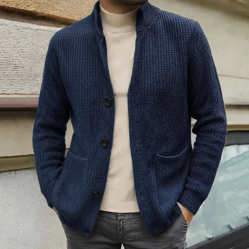 Herren Stehkragen Strickjacke Pullover Jacke Waffelstrick Mittellang Lässig Knopfleiste Langarm Top Für Den Winter