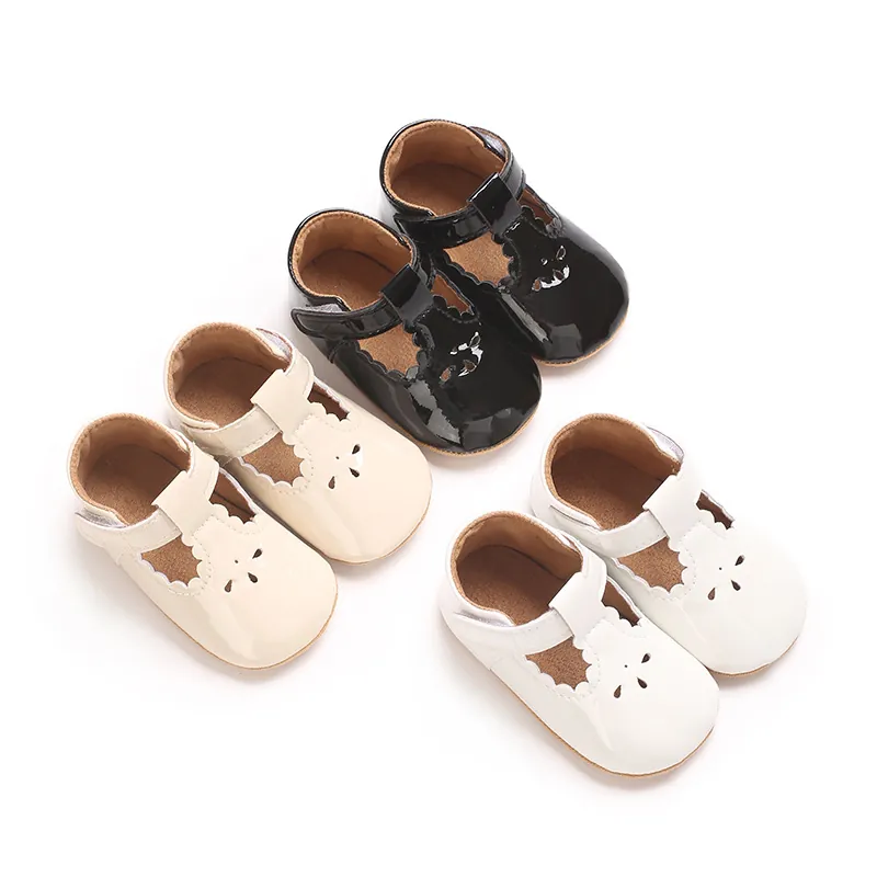 Baby Girl Glossy PU Leather Princess Prewalker Shoes Scalloped Edge Cut-out Mary Jane Non-slip Soft Sole Toddler Shoes
