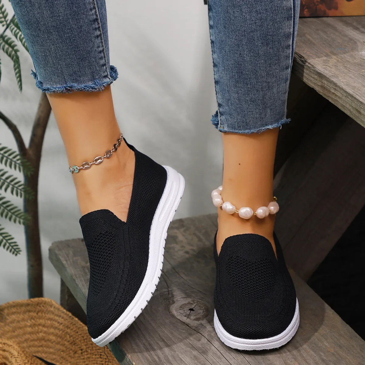 Scarpe Casual in Tela da Donna Slip-On Traspiranti Punta Arrotondata Suola Spessa Flyknit Mocassini Bassi con Plateau per Comfort Quotidiano Sneakers Moda Donna