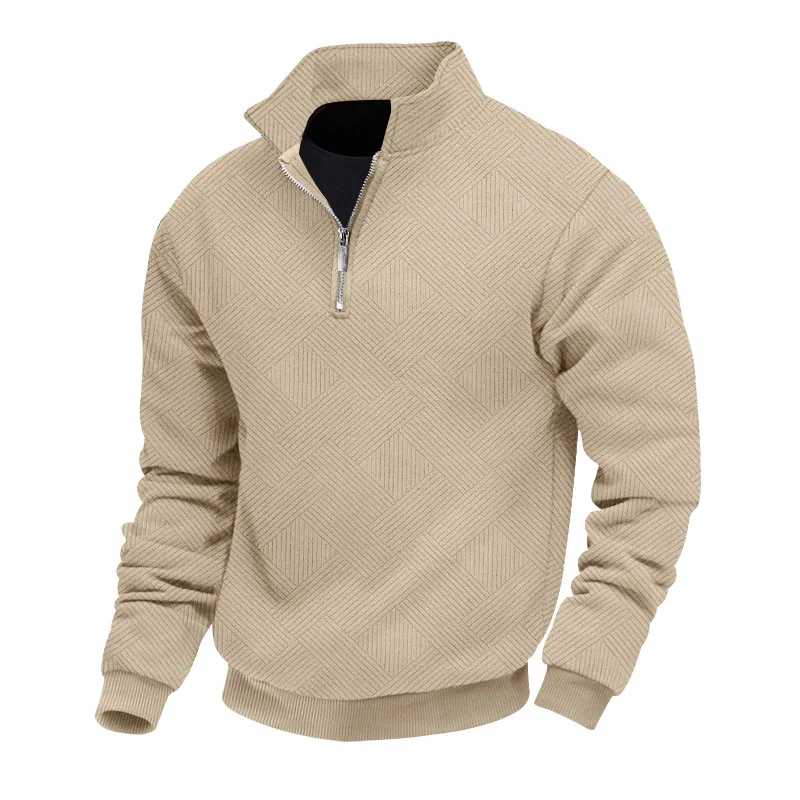 Felpa Jacquard Pesante in Stile Americano Retro da Uomo Casuale con Mezza Zip e Risvolto Top a Maniche Lunghe Moda Autunno Inverno