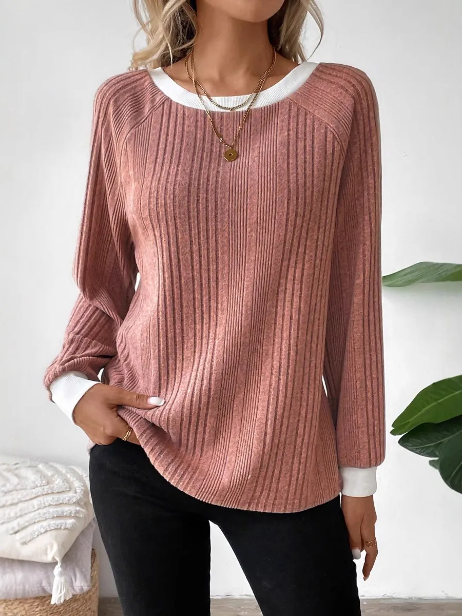 Women Long Sleeve Ribbed Knit Sweater Casual Contrast Trim Round Neck Pullover Top Polyester Solid Color Chic Fashion Knitwear