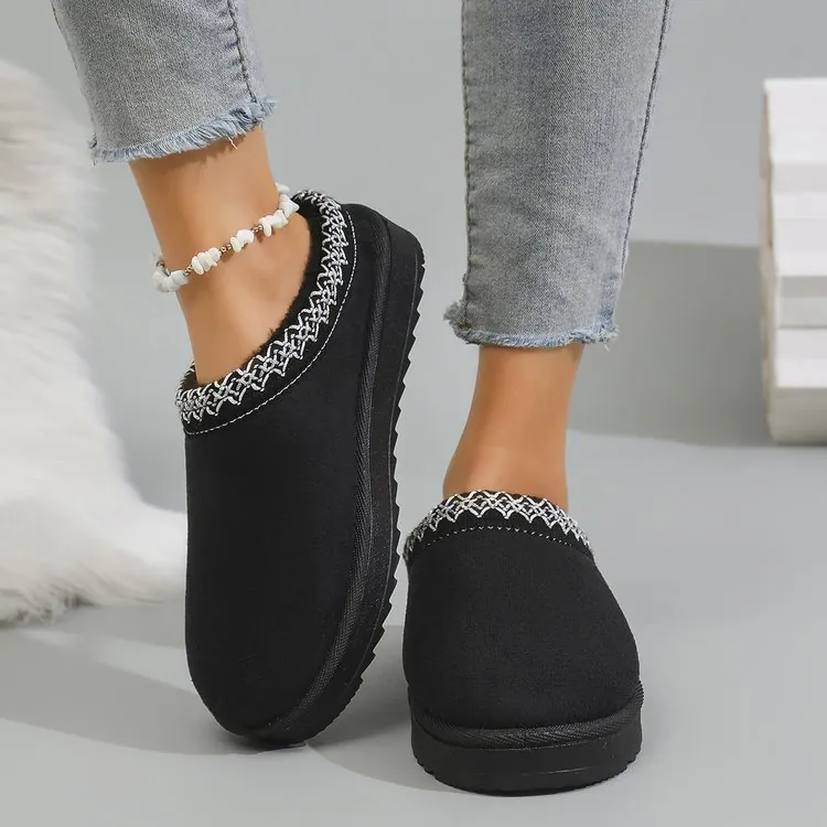 Women Snow Boots Thick Sole Warm Fleece Lined PU Winter Short Boots With Embroidered Lace Trim Slip-on Shoes