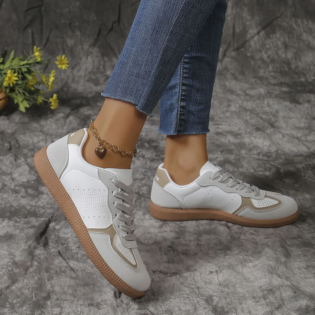 Γυναικεία Ρετρό Casual Sneakers Στυλ GAT από Δέρμα PU Χρωματική Αντίθεση Κορδόνια Επίπεδα Παπούτσια Αναπνεύσιμα Μαλακή Σόλα