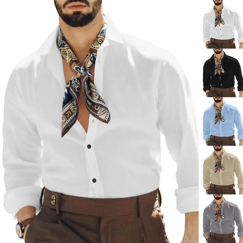 Chemise Casual à Manches Longues en Coton et Lin pour Hommes Revers Classique Couleur Unie Haut Boutonné pour Printemps Été Automne Vêtements pour Hommes